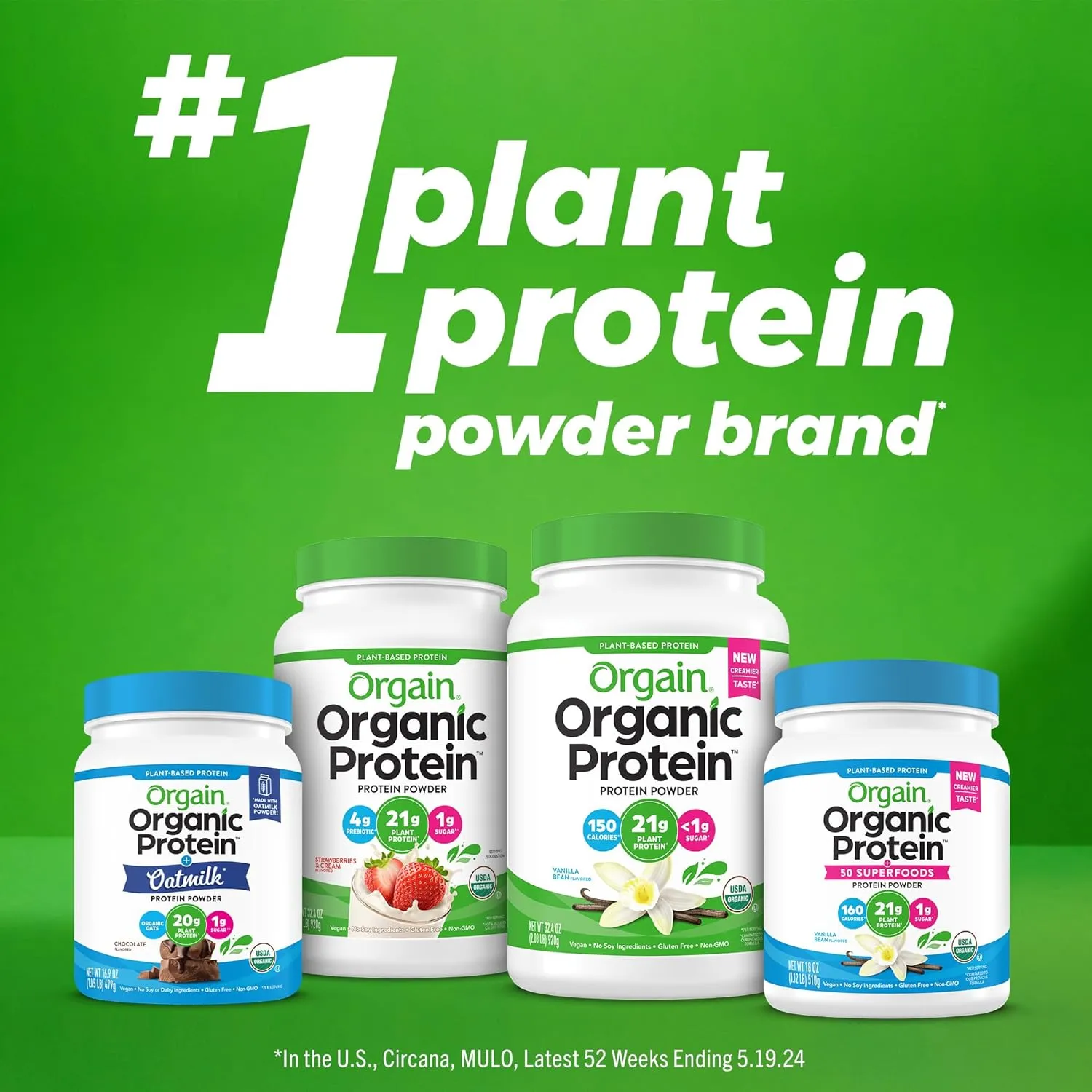 Orgain Organic Vegan Protein   50 Superfoods Powder, Vanilla Bean - 21g Plant Based Protein, 8g Prebiotic Fiber, No Lactose Ingredients, Gluten Free, No Added Sugar, 1.12 lb (Packaging May Vary)