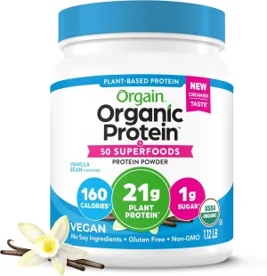 Orgain Organic Vegan Protein   50 Superfoods Powder, Vanilla Bean - 21g Plant Based Protein, 8g Prebiotic Fiber, No Lactose Ingredients, Gluten Free, No Added Sugar, 1.12 lb (Packaging May Vary)