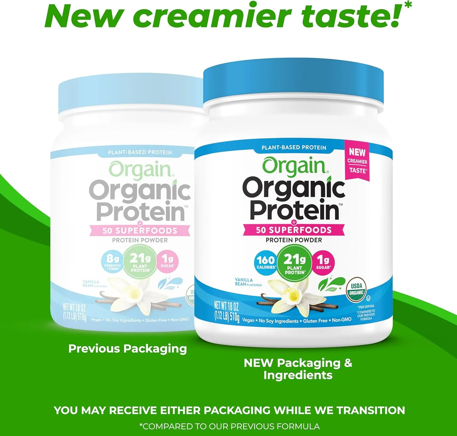 Orgain Organic Vegan Protein   50 Superfoods Powder, Vanilla Bean - 21g Plant Based Protein, 8g Prebiotic Fiber, No Lactose Ingredients, Gluten Free, No Added Sugar, 1.12 lb (Packaging May Vary)