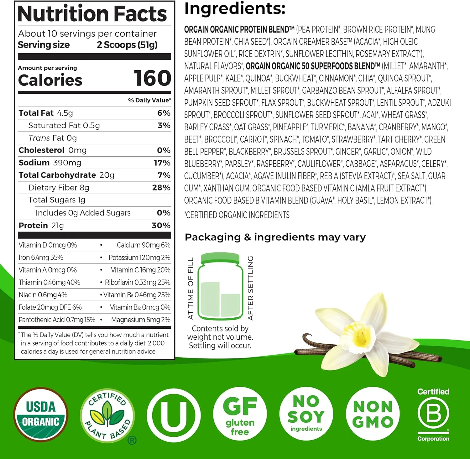 Orgain Organic Vegan Protein   50 Superfoods Powder, Vanilla Bean - 21g Plant Based Protein, 8g Prebiotic Fiber, No Lactose Ingredients, Gluten Free, No Added Sugar, 1.12 lb (Packaging May Vary)