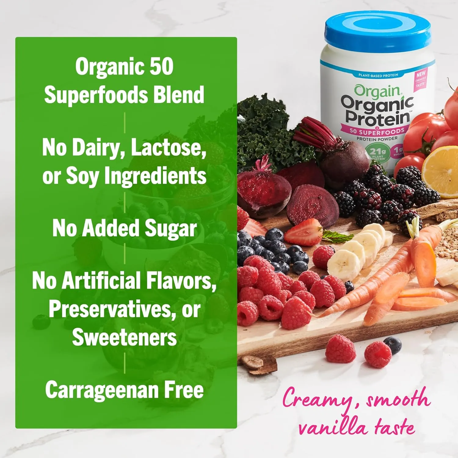 Orgain Organic Vegan Protein   50 Superfoods Powder, Vanilla Bean - 21g Plant Based Protein, 8g Prebiotic Fiber, No Lactose Ingredients, Gluten Free, No Added Sugar, 1.12 lb (Packaging May Vary)
