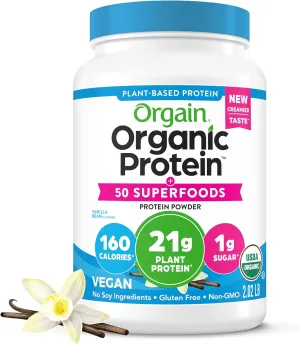 Orgain Organic Vegan Protein   50 Superfoods Powder, Vanilla Bean - 21g Plant Based Protein, 8g Prebiotic Fiber, No Lactose Ingredients, Gluten Free, No Added Sugar, Non-GMO, 2.02 lb