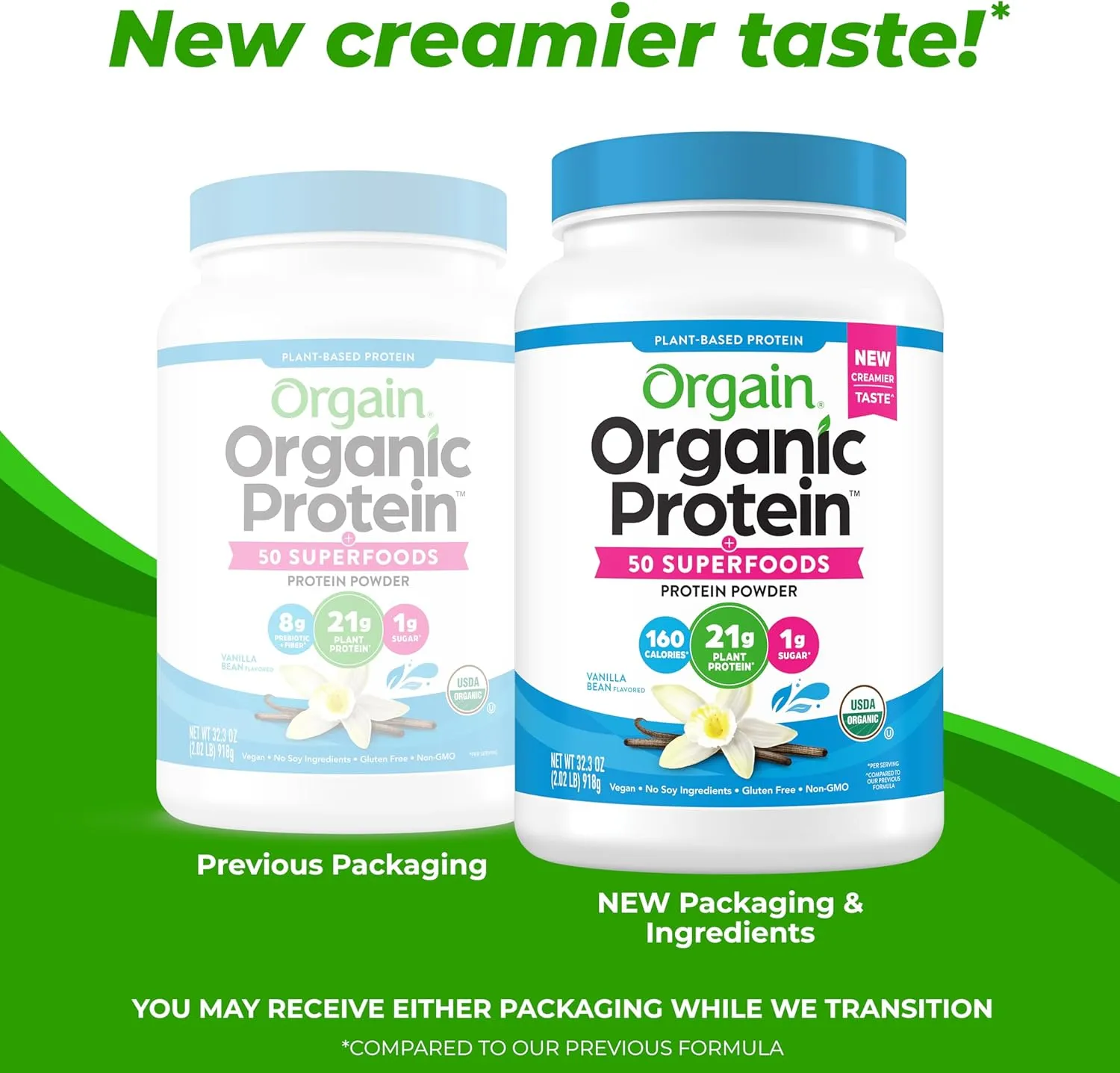 Orgain Organic Vegan Protein   50 Superfoods Powder, Vanilla Bean - 21g Plant Based Protein, 8g Prebiotic Fiber, No Lactose Ingredients, Gluten Free, No Added Sugar, Non-GMO, 2.02 lb
