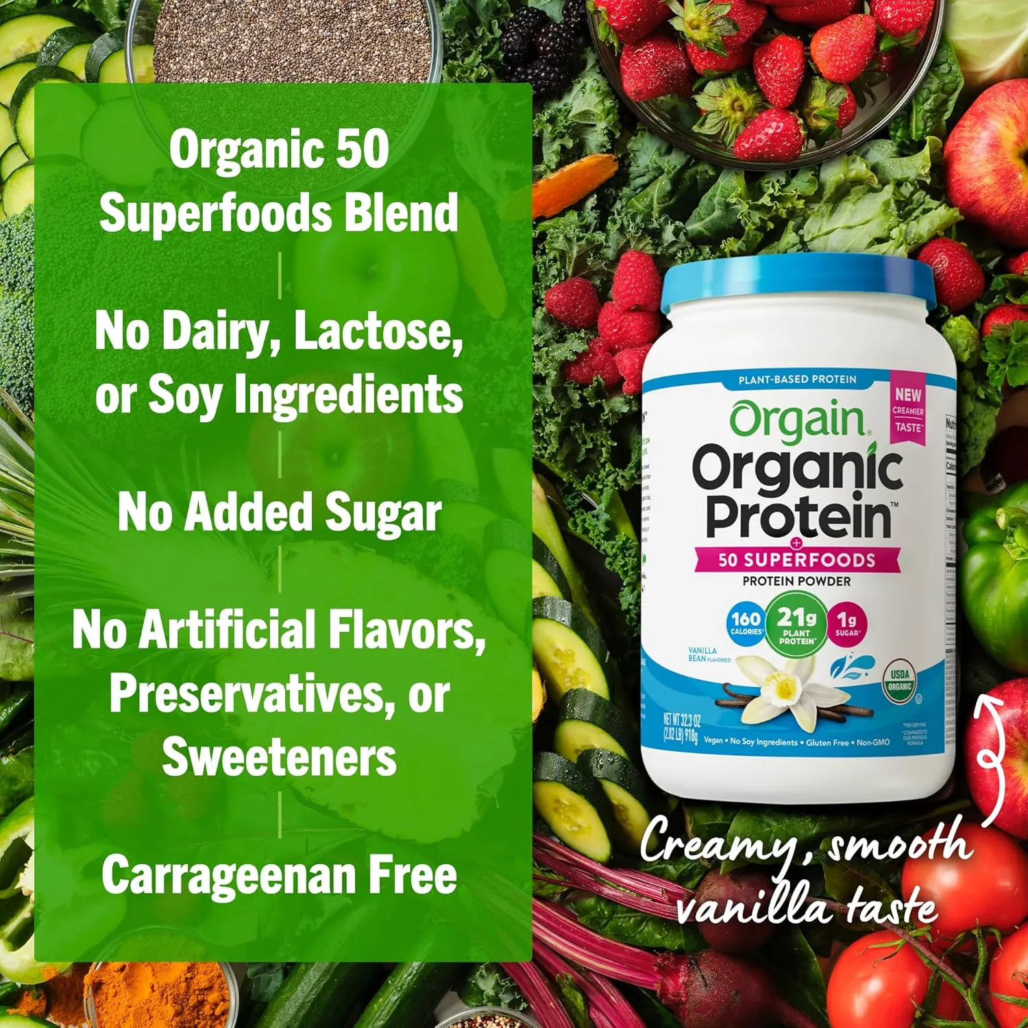 Orgain Organic Vegan Protein   50 Superfoods Powder, Vanilla Bean - 21g Plant Based Protein, 8g Prebiotic Fiber, No Lactose Ingredients, Gluten Free, No Added Sugar, Non-GMO, 2.02 lb