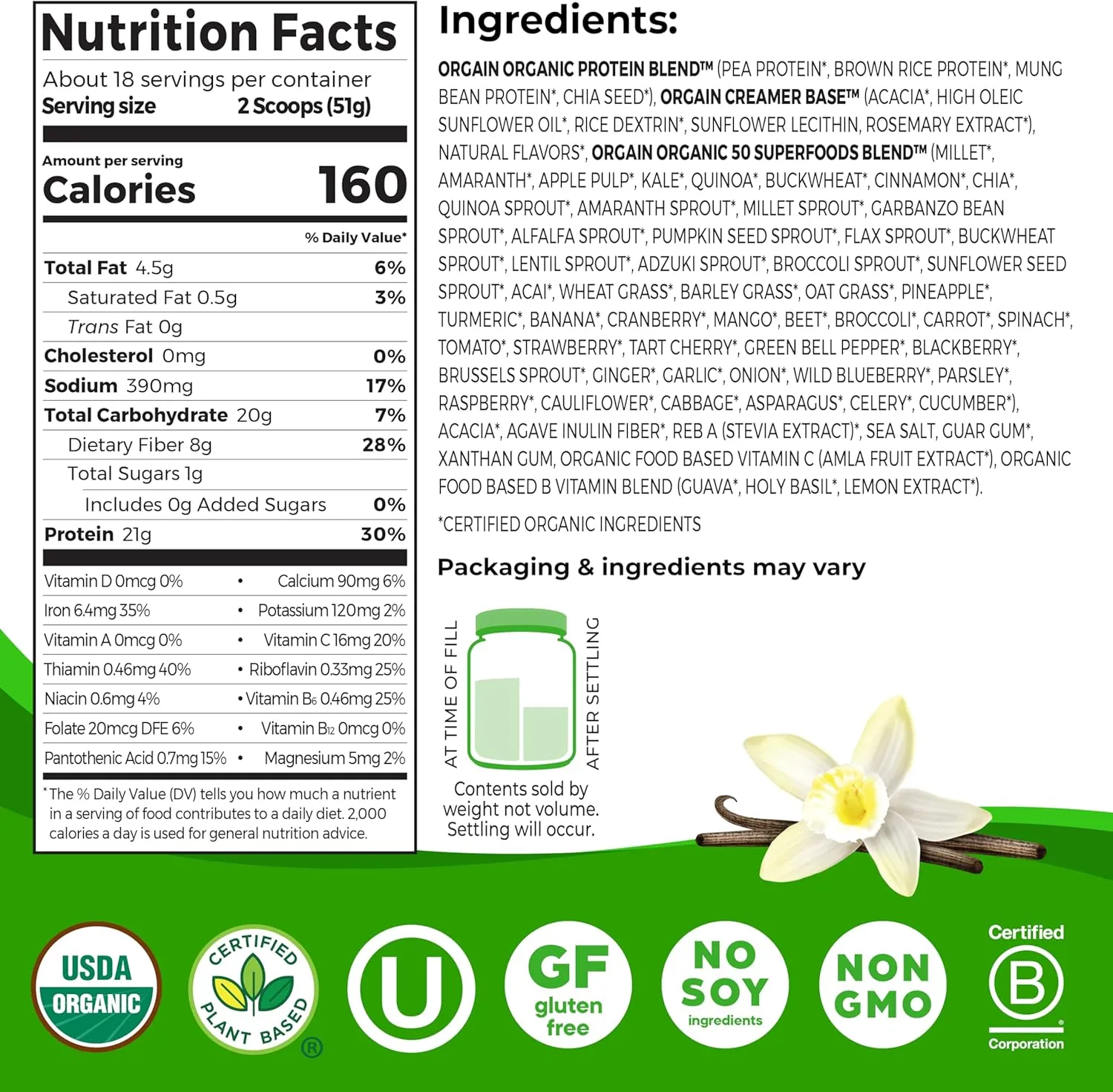 Orgain Organic Vegan Protein   50 Superfoods Powder, Vanilla Bean - 21g Plant Based Protein, 8g Prebiotic Fiber, No Lactose Ingredients, Gluten Free, No Added Sugar, Non-GMO, 2.02 lb