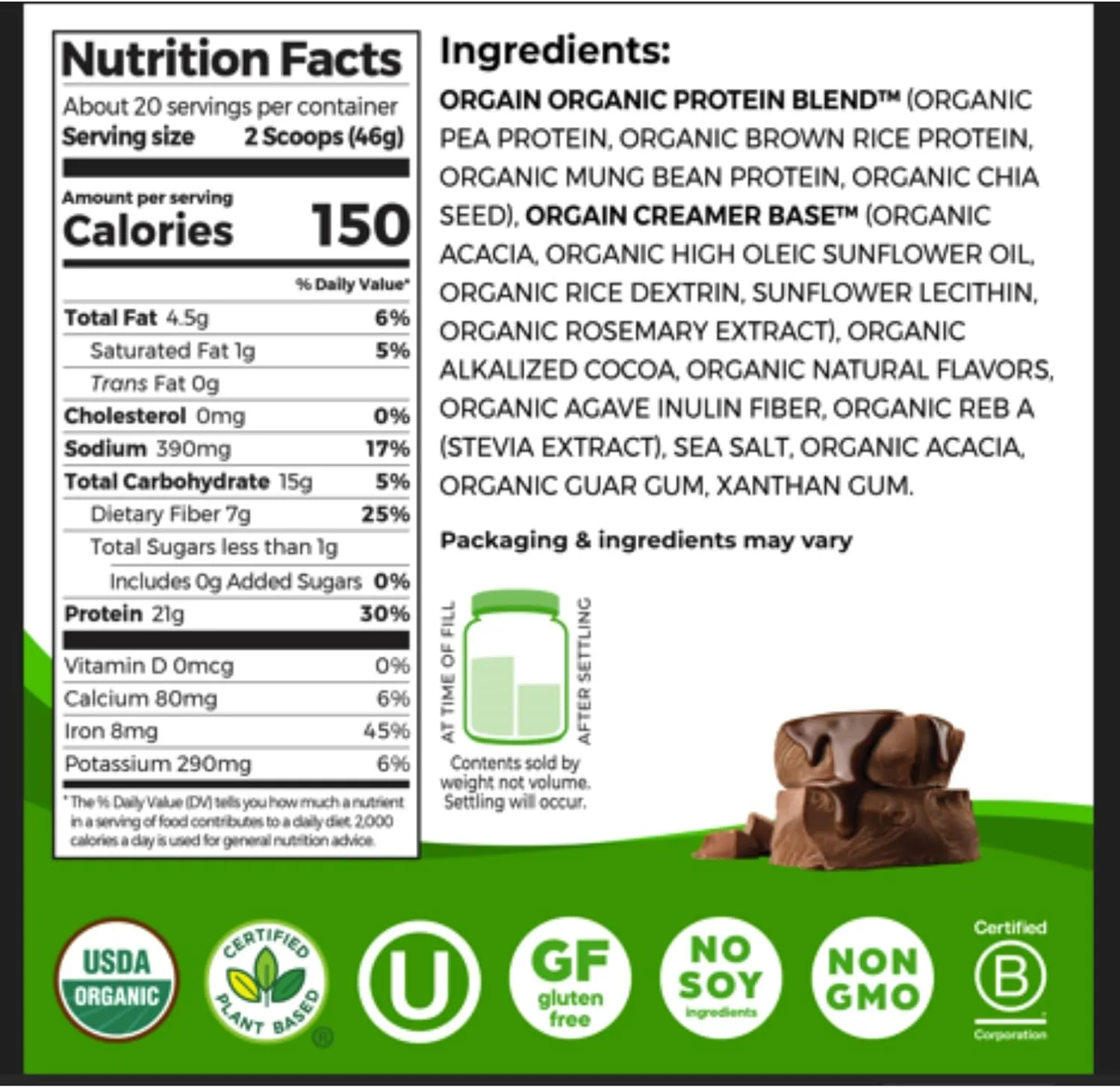 Orgain Organic Vegan Protein Powder, Creamy Chocolate Fudge - 21g Plant Protein, 6g Prebiotic Fiber, Low Net Carb, No Lactose Ingredients, No Added Sugar, Non-GMO, For Shakes & Smoothies, 2.03 lb