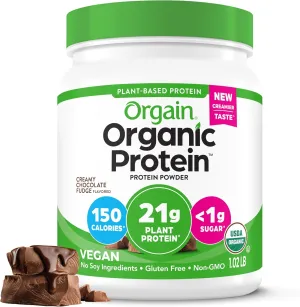 Orgain Organic Vegan Protein Powder, Creamy Chocolate Fudge - 21g Plant Protein, 7g Prebiotic Fiber, Low Net Carb, No Lactose Ingredients, No Added Sugar, Non-GMO, For Shakes & Smoothies, 1.02 lb