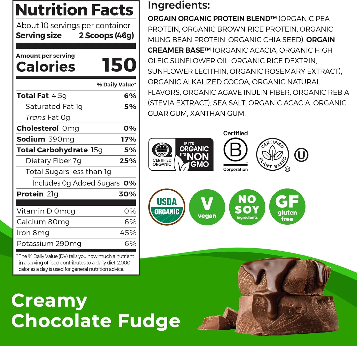 Orgain Organic Vegan Protein Powder, Creamy Chocolate Fudge - 21g Plant Protein, 7g Prebiotic Fiber, Low Net Carb, No Lactose Ingredients, No Added Sugar, Non-GMO, For Shakes & Smoothies, 1.02 lb