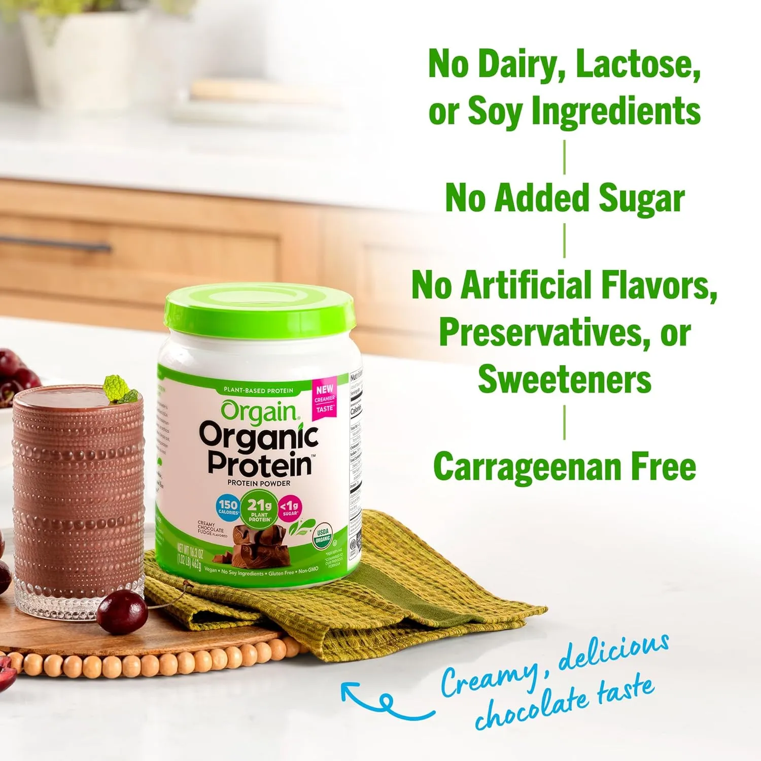 Orgain Organic Vegan Protein Powder, Creamy Chocolate Fudge - 21g Plant Protein, 7g Prebiotic Fiber, Low Net Carb, No Lactose Ingredients, No Added Sugar, Non-GMO, For Shakes & Smoothies, 1.02 lb