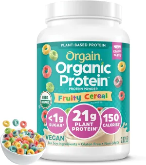 Orgain Organic Vegan Protein Powder, Fruity Cereal - 21g Plant Based Protein, Gluten Free, Dairy Free, Lactose Free, Soy Free, No Sugar Added, Kosher, For Smoothies & Shakes - 2.03 lb
