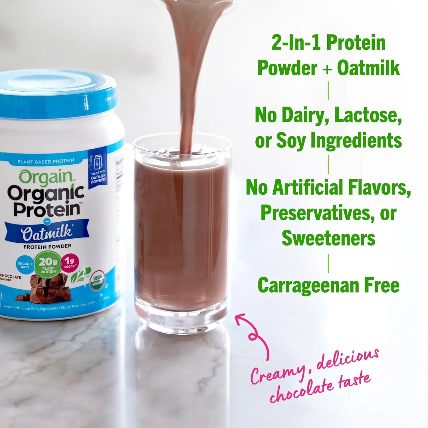 Orgain Organic Vegan Protein Powder   Oat Milk, Chocolate - 20g Plant Based Protein, Gluten Free, No Dairy, Soy or Lactose Ingredients, Low Sugar, Non-GMO, Kosher, For Shakes & Smoothies - 1.05lb