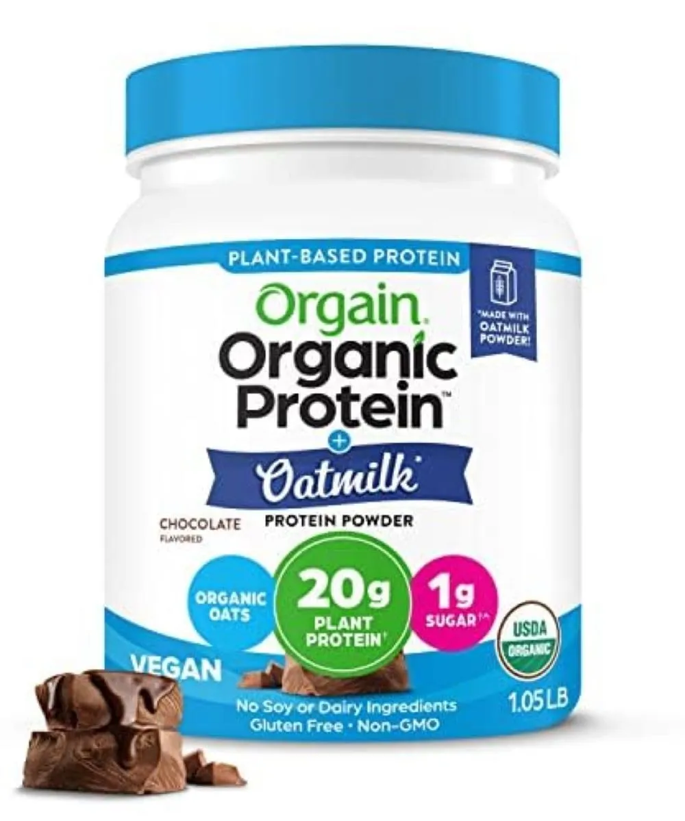 Orgain Organic Vegan Protein Powder   Oat Milk, Chocolate - 20g Plant Based Protein, Gluten Free, No Dairy, Soy or Lactose Ingredients, Low Sugar, Non-GMO, Kosher, For Shakes & Smoothies - 1.05lb