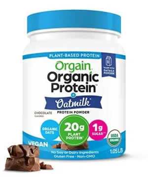 Orgain Organic Vegan Protein Powder   Oat Milk, Chocolate - 20g Plant Based Protein, Gluten Free, No Dairy, Soy or Lactose Ingredients, Low Sugar, Non-GMO, Kosher, For Shakes & Smoothies - 1.05lb