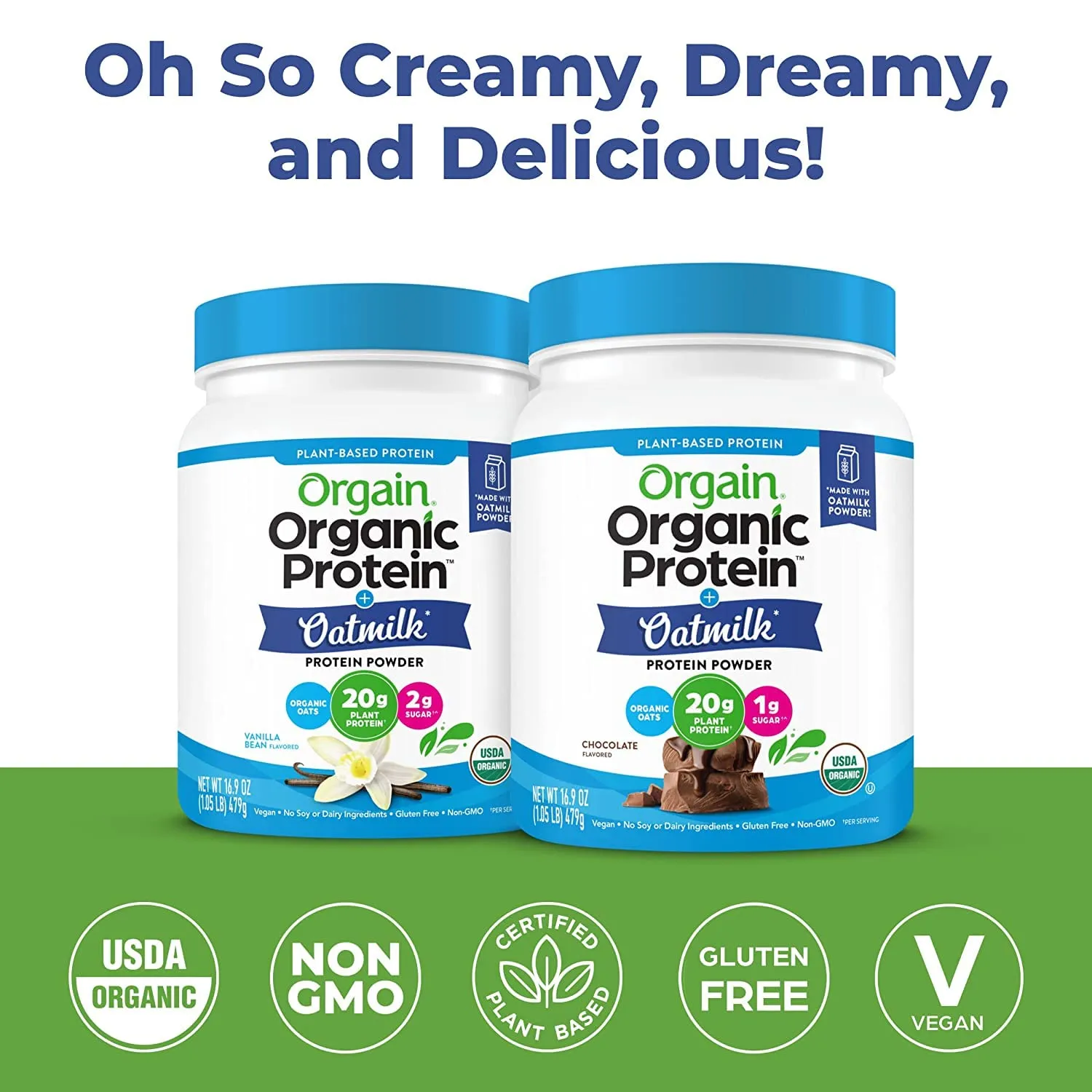 Orgain Organic Vegan Protein Powder   Oat Milk, Chocolate - 20g Plant Based Protein, Gluten Free, No Dairy, Soy or Lactose Ingredients, Low Sugar, Non-GMO, Kosher, For Shakes & Smoothies - 1.05lb