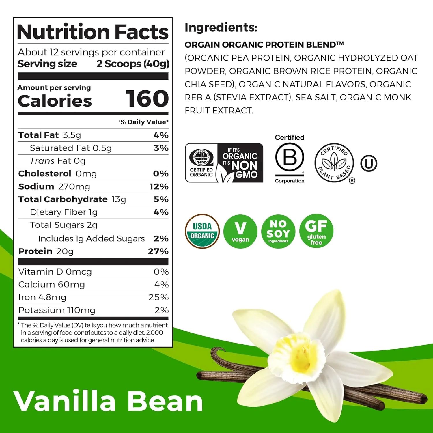 Orgain Organic Vegan Protein Powder   Oat Milk, Vanilla Bean - 20g Plant Based Protein, Gluten Free, No Dairy, Soy or Lactose Ingredients, Low Sugar, Non-GMO, Kosher, For Shakes & Smoothies - 1.05lb