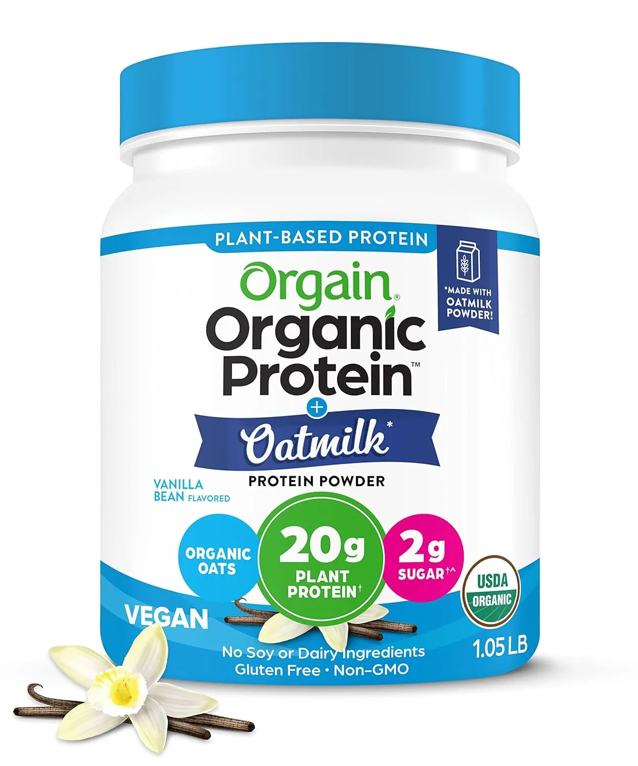 Orgain Organic Vegan Protein Powder   Oat Milk, Vanilla Bean - 20g Plant Based Protein, Gluten Free, No Dairy, Soy or Lactose Ingredients, Low Sugar, Non-GMO, Kosher, For Shakes & Smoothies - 1.05lb