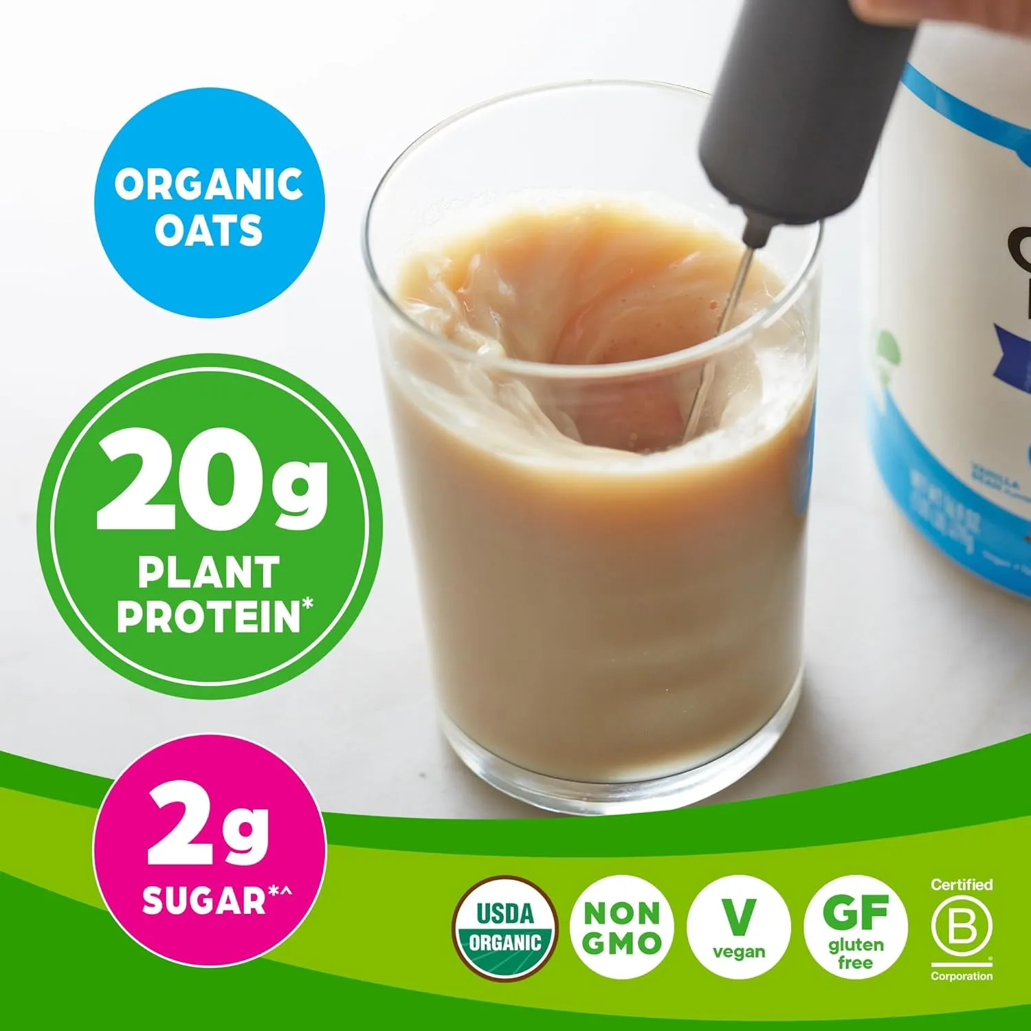 Orgain Organic Vegan Protein Powder   Oat Milk, Vanilla Bean - 20g Plant Based Protein, Gluten Free, No Dairy, Soy or Lactose Ingredients, Low Sugar, Non-GMO, Kosher, For Shakes & Smoothies - 1.05lb