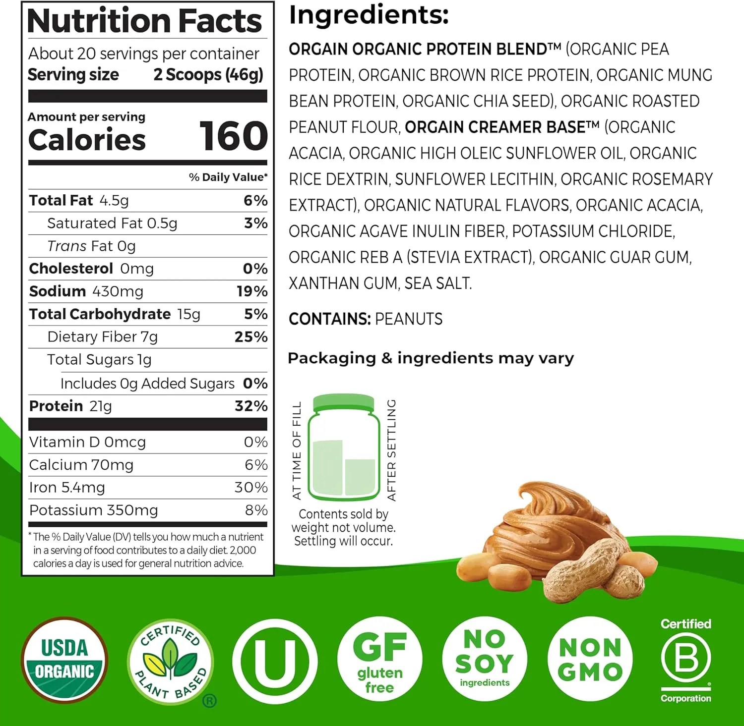 Orgain Organic Vegan Protein Powder, Peanut Butter - 21g Plant Protein, 7g Prebiotic Fiber, Low Net Carb, No Dairy Ingredients, No Added Sugar, For Shakes & Smoothies, 2.03 lb (Packaging May Vary)