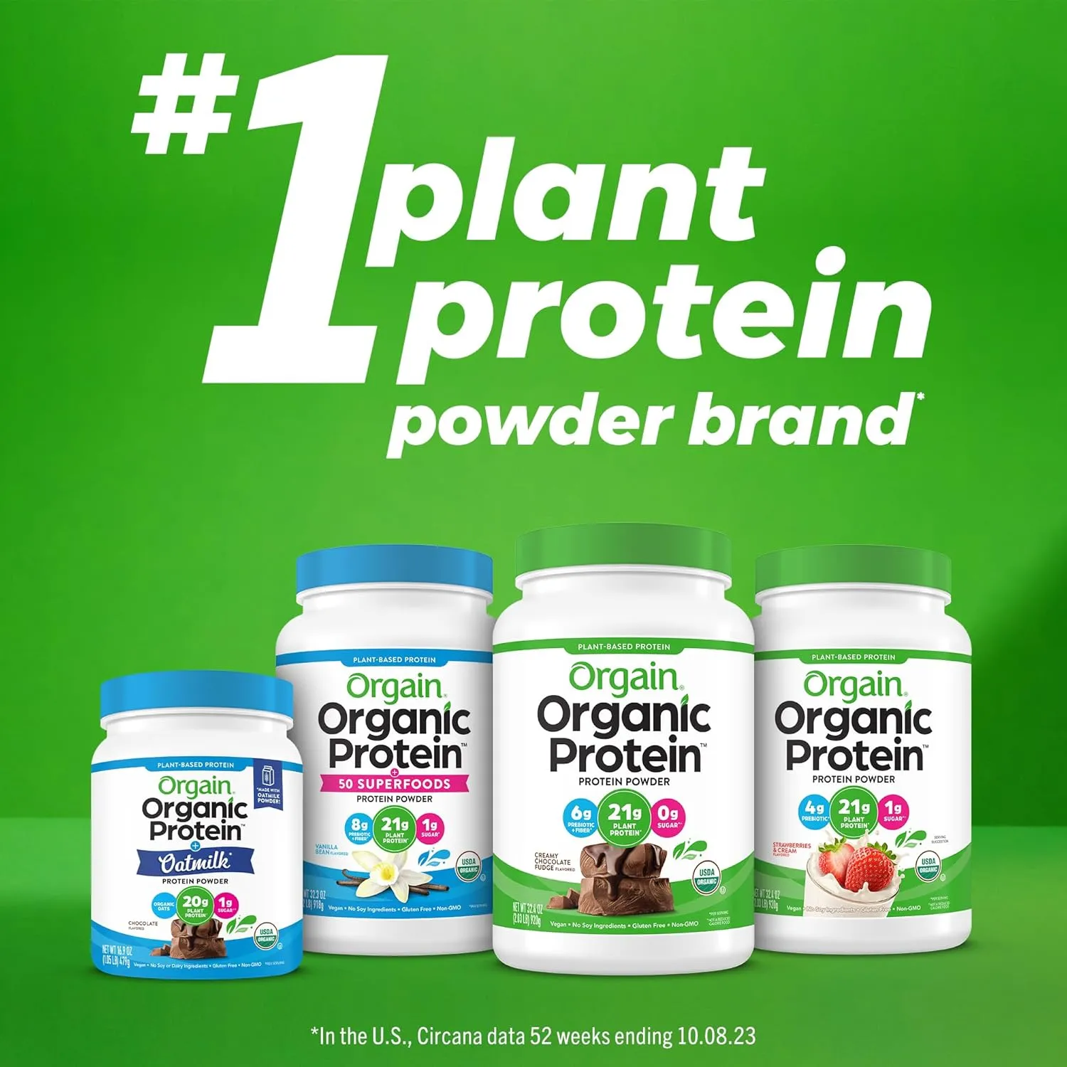 Orgain Organic Vegan Protein Powder, Strawberries & Cream - 21g of Plant Based Protein, Low Net Carbs, Gluten/ Lactose Free, No Sugar Added, Soy Free, Non-GMO, 2.03 Lb