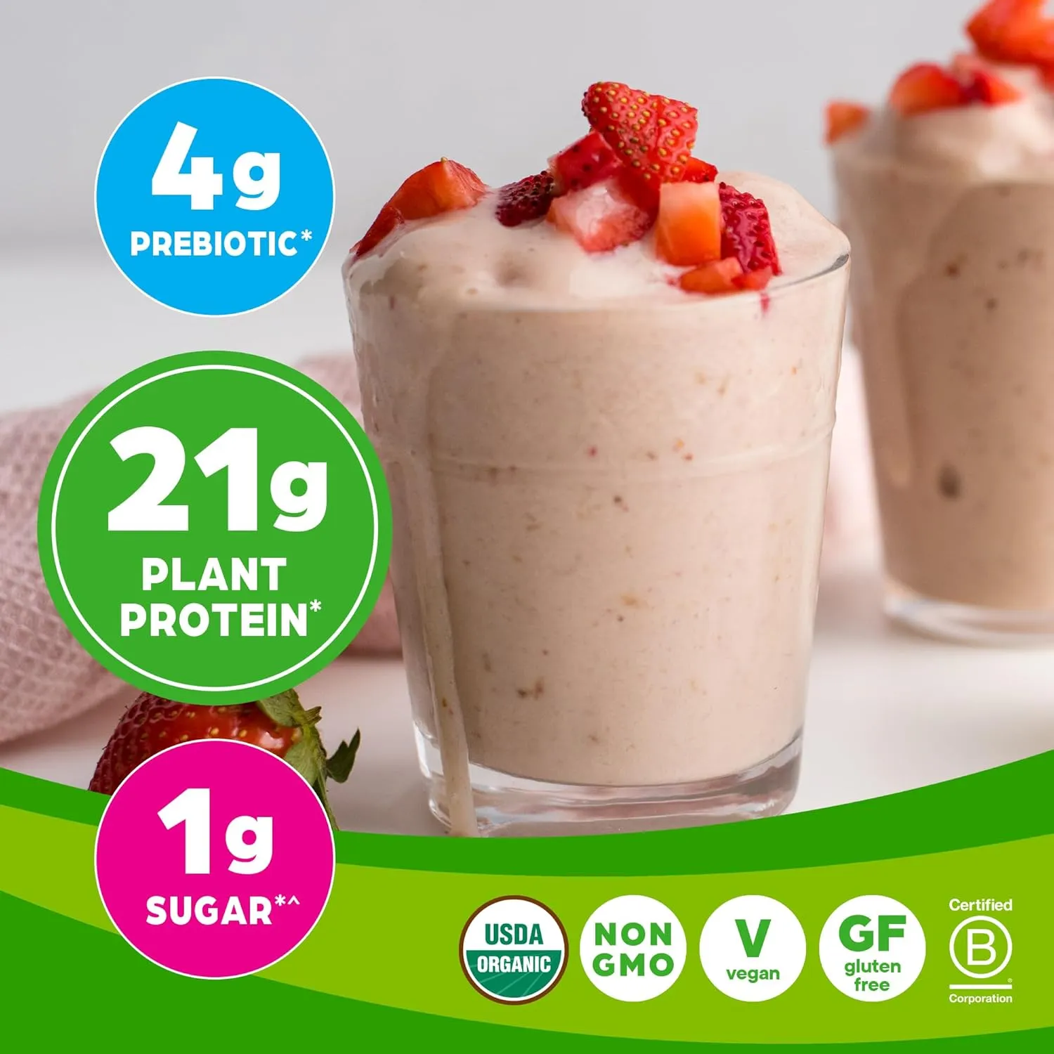 Orgain Organic Vegan Protein Powder, Strawberries & Cream - 21g of Plant Based Protein, Low Net Carbs, Gluten/ Lactose Free, No Sugar Added, Soy Free, Non-GMO, 2.03 Lb