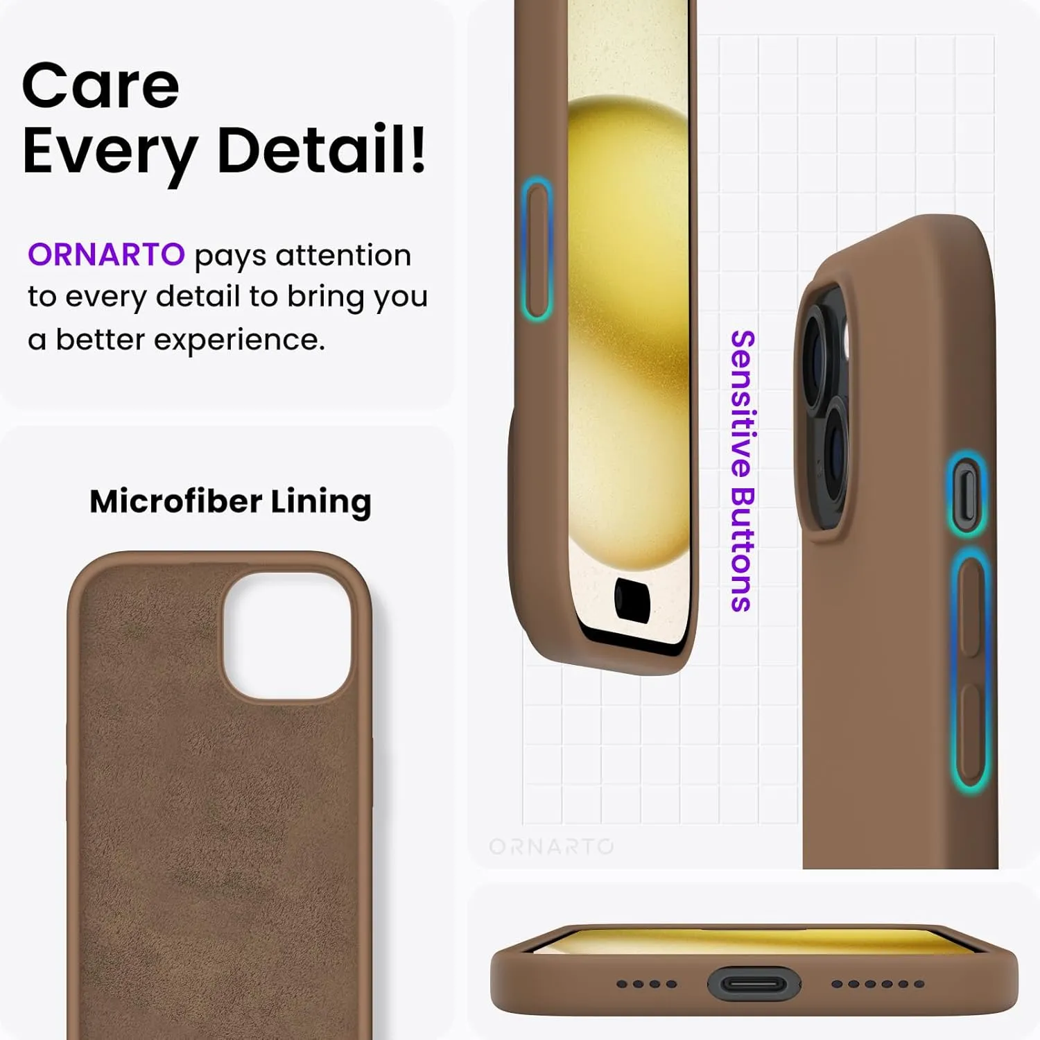 ORNARTO Compatible with iPhone 15 Plus Case 6.7", Slim Liquid Silicone 3 Layers Full Covered Soft Gel Rubber Cover Protective Phone Case with Anti-Scratch Microfiber Lining-Brown