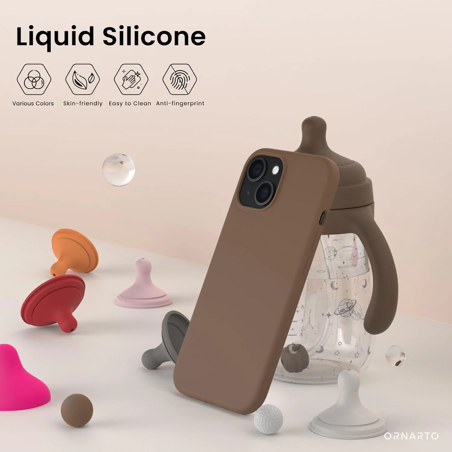 ORNARTO Compatible with iPhone 15 Plus Case 6.7", Slim Liquid Silicone 3 Layers Full Covered Soft Gel Rubber Cover Protective Phone Case with Anti-Scratch Microfiber Lining-Brown