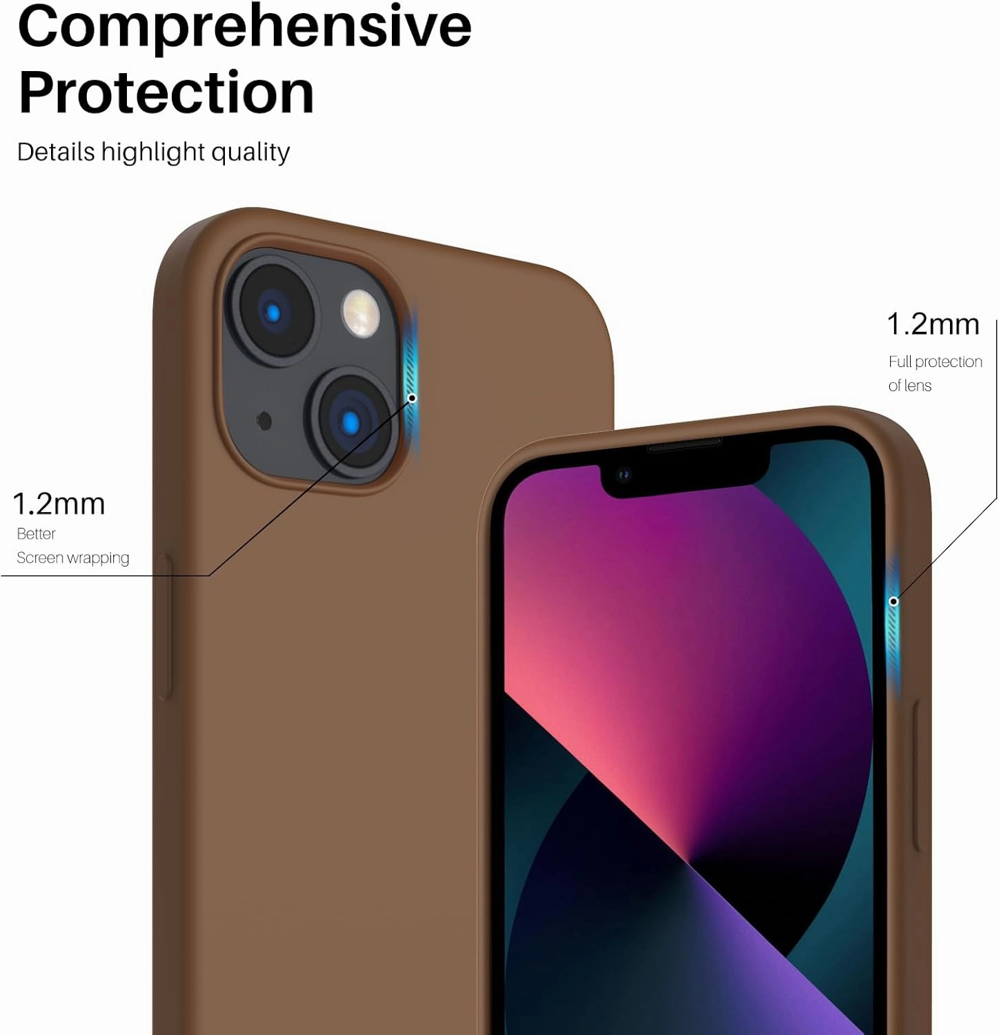 ORNARTO Compatible with iPhone 13 Case 6.1, Slim Liquid Silicone 3 Layers Full Covered Soft Gel Rubber Case Cover 6.1 inch-Brown