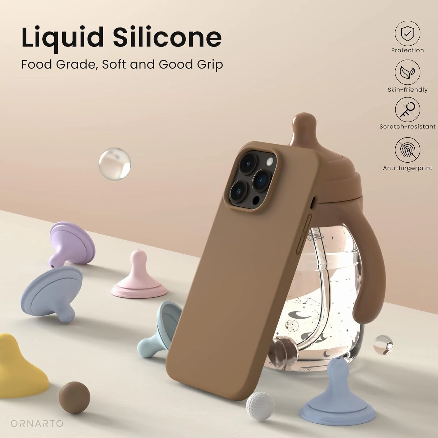 ORNARTO Compatible with iPhone 14 Pro Max Case 6.7, Slim Liquid Silicone 3 Layers Full Covered Soft Gel Rubber Phone Case Protective Cover with Microfiber Lining 6.7 inch-Brown