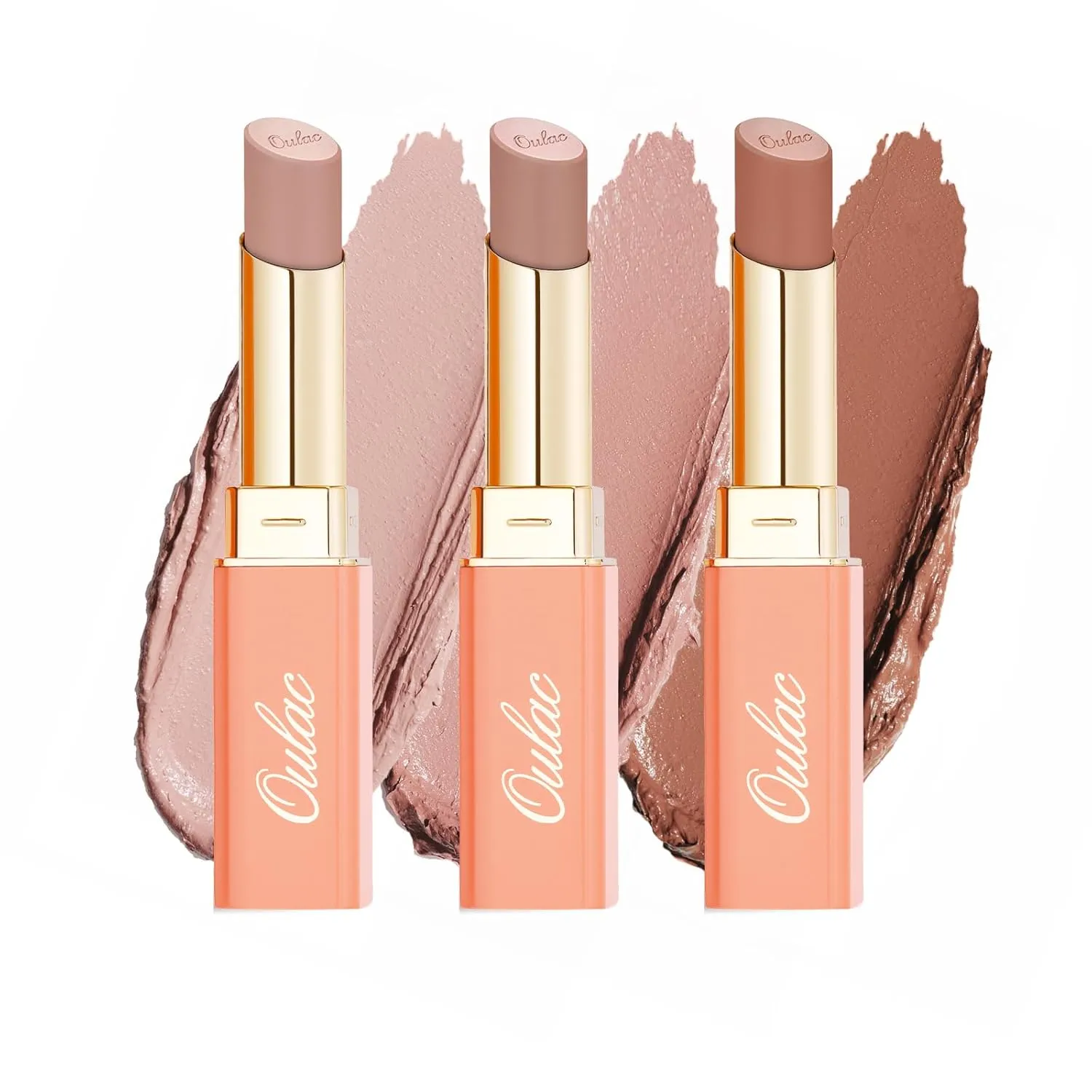 Oulac Nude Satin Lipstick Set - Matte Lip Base, Full Coverage Lip Color, Satin Matte Finish, Cream Texture, Hydrating, Infused with Hyaluronic Acid, 4g*3(01 02 05)
