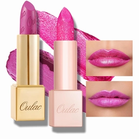 Oulac Hot Pink Lipstick Set 2PCS - Included Metallic Fuchsia Lipstick and Shimmer Pink Liptsick, Vegan Lightweight Hydrating Formula, 15 D02