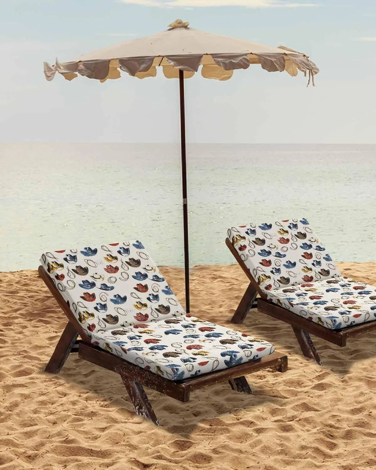 Outdoor Waterproof Cushion Covers Blue Brown Red Hat Replacement Stretch Seat Slipcover for Patio, Retro Country Western Cowboy Chair Couch Sofa Covers Furniture Protector Set of 2,22x20IN