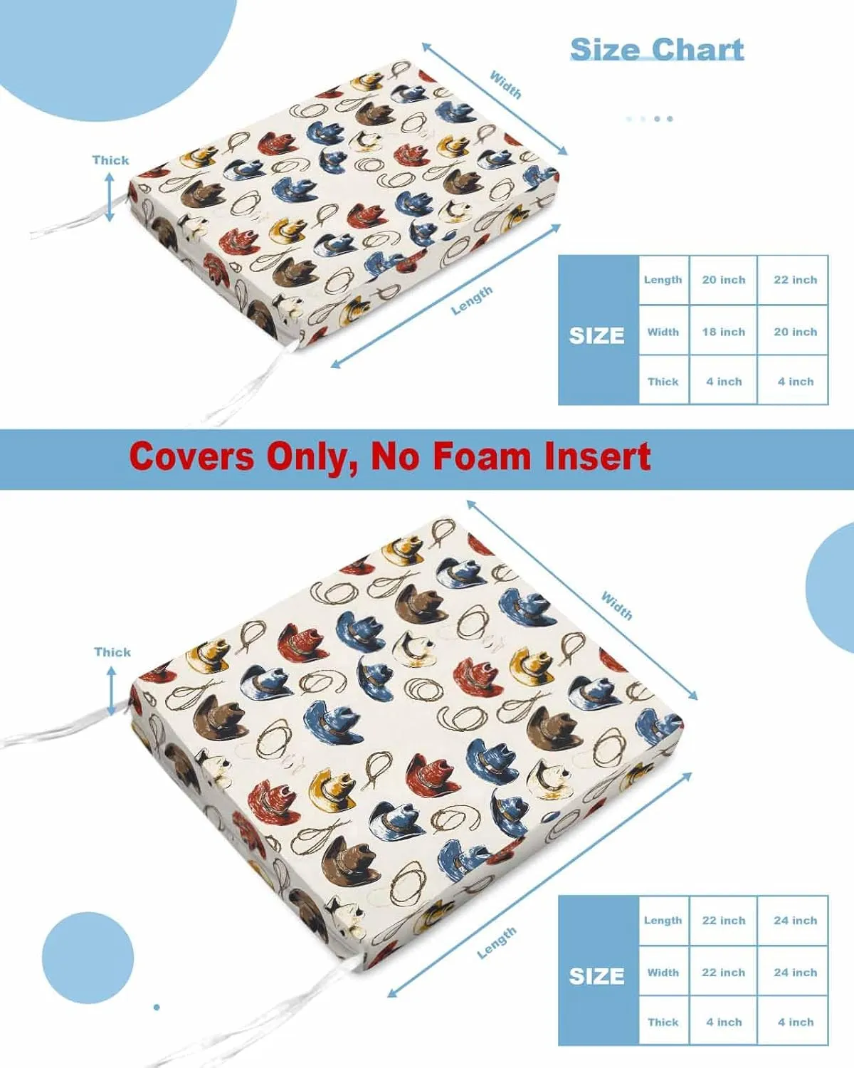 Outdoor Waterproof Cushion Covers Blue Brown Red Hat Replacement Stretch Seat Slipcover for Patio, Retro Country Western Cowboy Chair Couch Sofa Covers Furniture Protector Set of 2,22x20IN