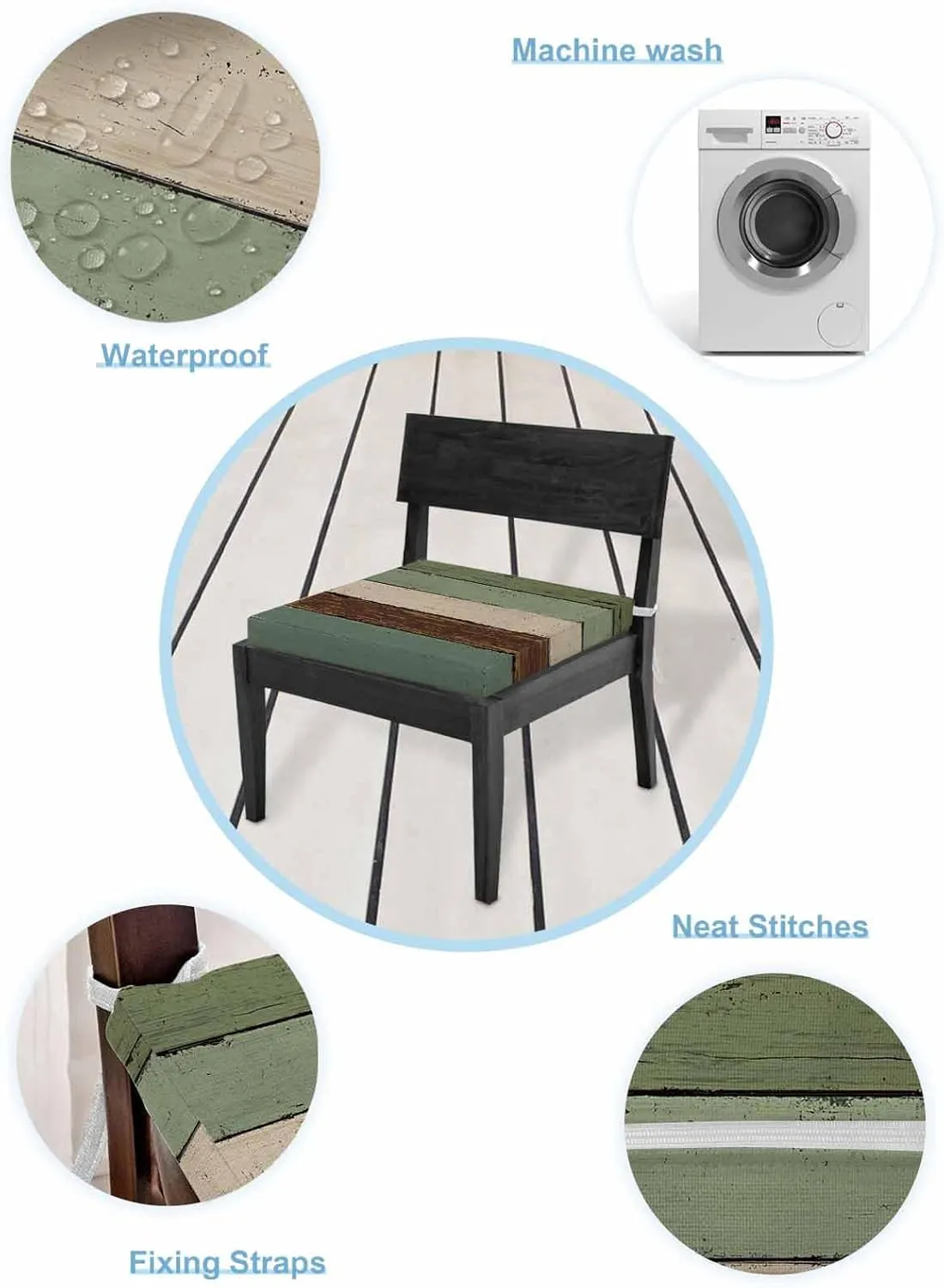 Outdoor Waterproof Cushion Covers Farmhouse Wood Planks Replacement Stretch Seat Slipcover for Patio, Green Brown Wood Grain Chair Couch Sofa Covers Furniture Protector Set of 2,22x22IN