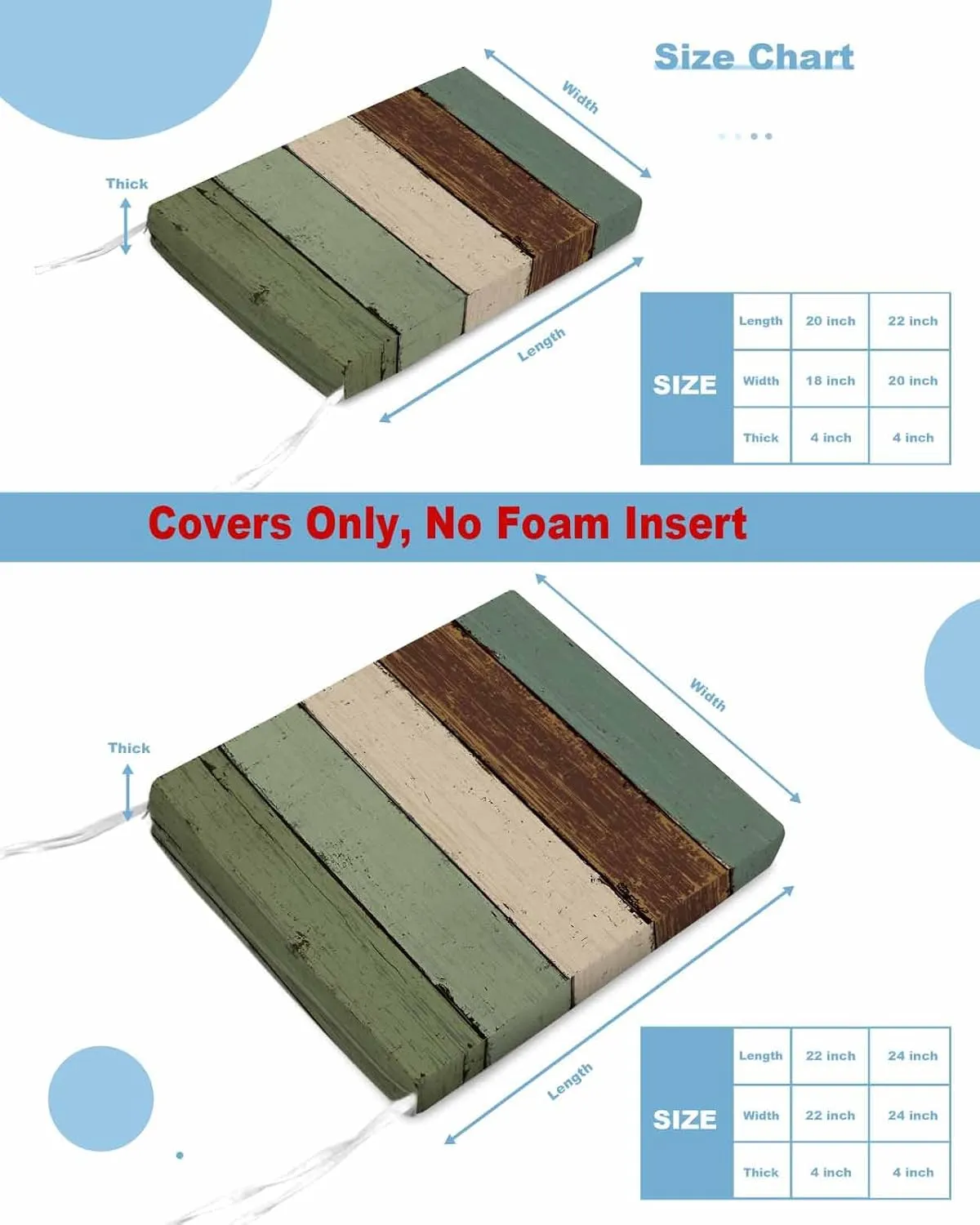 Outdoor Waterproof Cushion Covers Farmhouse Wood Planks Replacement Stretch Seat Slipcover for Patio, Green Brown Wood Grain Chair Couch Sofa Covers Furniture Protector Set of 2,22x22IN