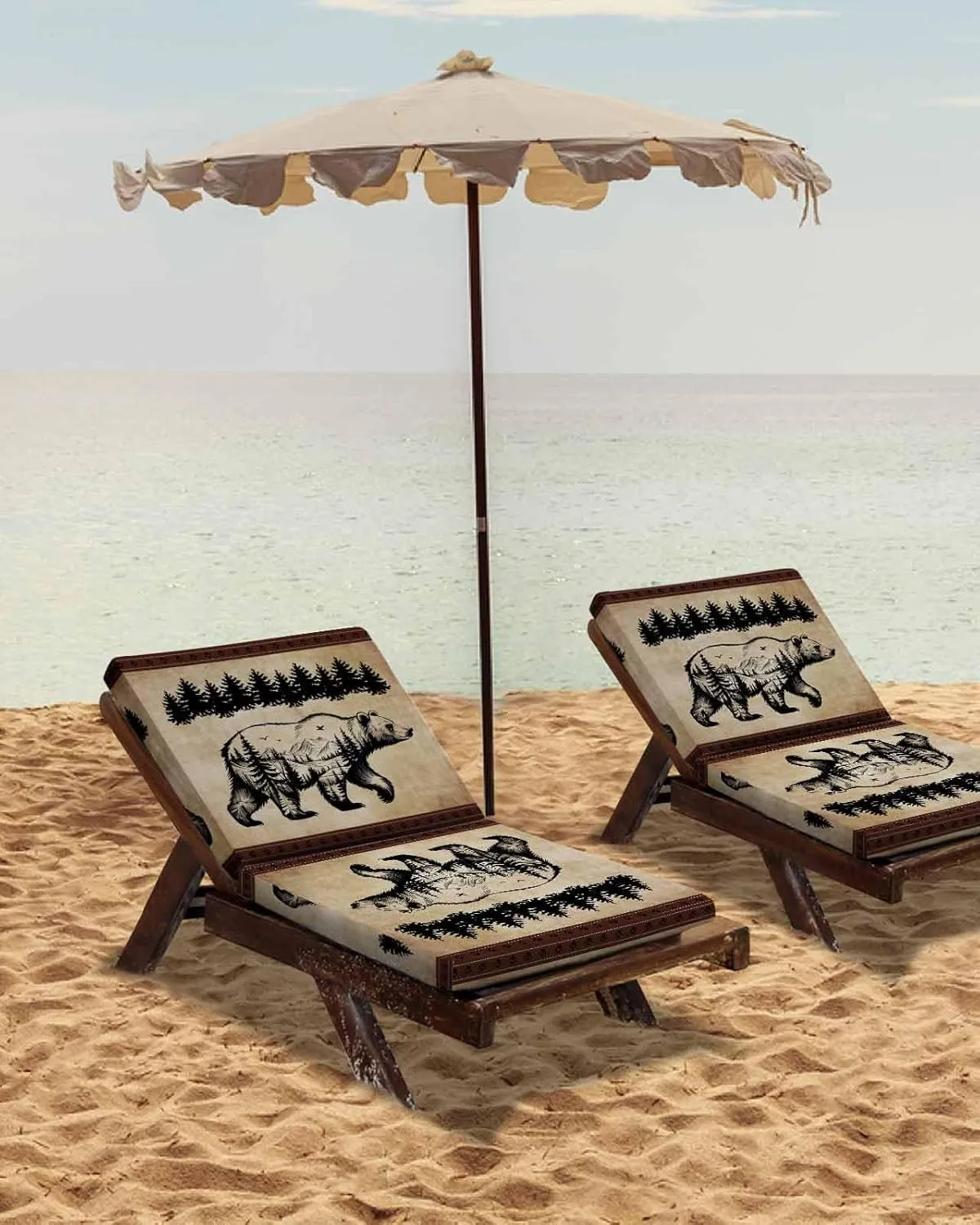 Outdoor Waterproof Cushion Covers Forest Landscape Bear Replacement Stretch Seat Slipcover for Patio, Brown Black Stripe Tree Chair Couch Sofa Covers Furniture Protector Set of 2,22x20IN