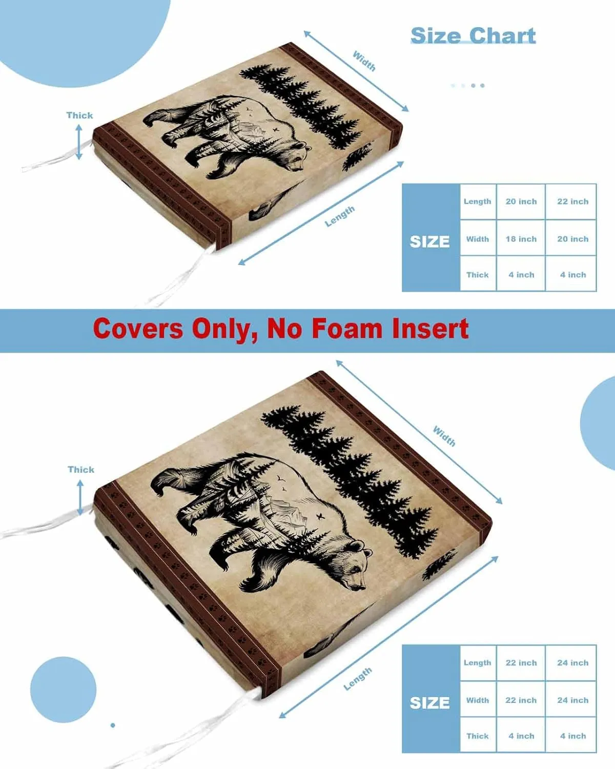 Outdoor Waterproof Cushion Covers Forest Landscape Bear Replacement Stretch Seat Slipcover for Patio, Brown Black Stripe Tree Chair Couch Sofa Covers Furniture Protector Set of 2,22x20IN