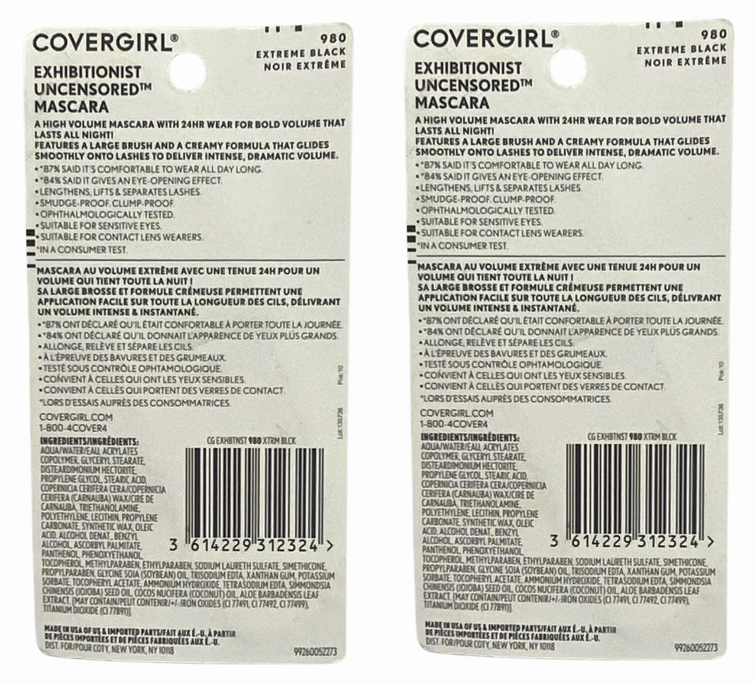 Pack of 2 CoverGirl Exhibitionist Uncensored Mascara, Extreme Black 980