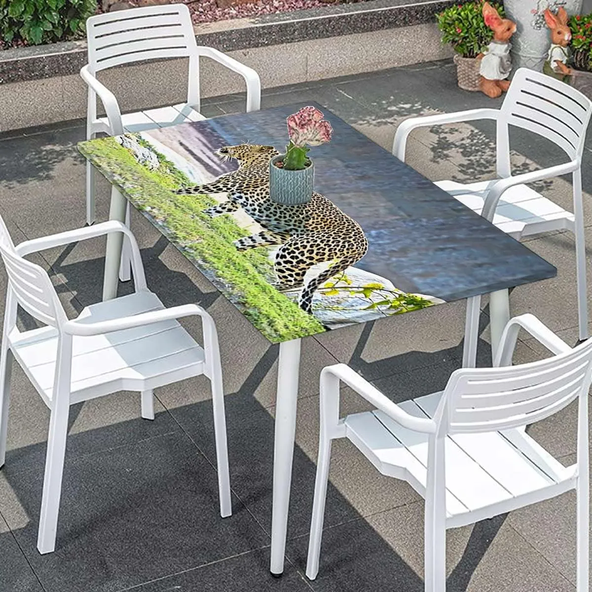 Pale Brown Fitted Tablecloth Leopard Panther Drinking Picnic Fitted Tablecloth Rectangle Table Cover Animal Decor Fits up 4 Foot Tables