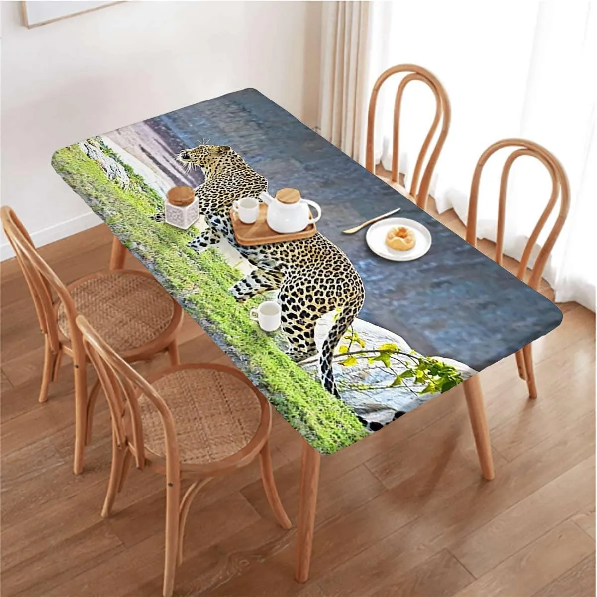 Pale Brown Fitted Tablecloth Leopard Panther Drinking Picnic Fitted Tablecloth Rectangle Table Cover Animal Decor Fits up 4 Foot Tables