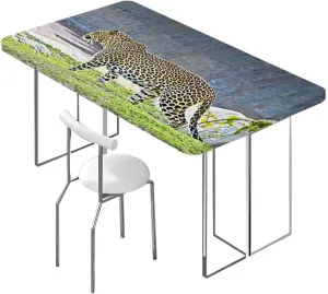 Pale Brown Fitted Tablecloth Leopard Panther Drinking Picnic Fitted Tablecloth Rectangle Table Cover Animal Decor Fits up 4 Foot Tables