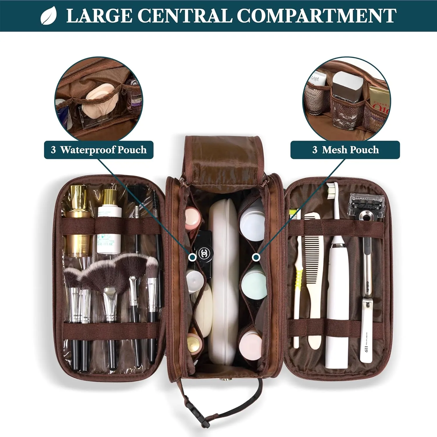 PAVILIA Large Toiletry Bag for Men Women, Mens Travel Bag Toiletries Organizer Case for Grooming, Travel Essentials Shaving Dopp Kit, PU Leather Water Resistant Cosmetic Pouch, Brown