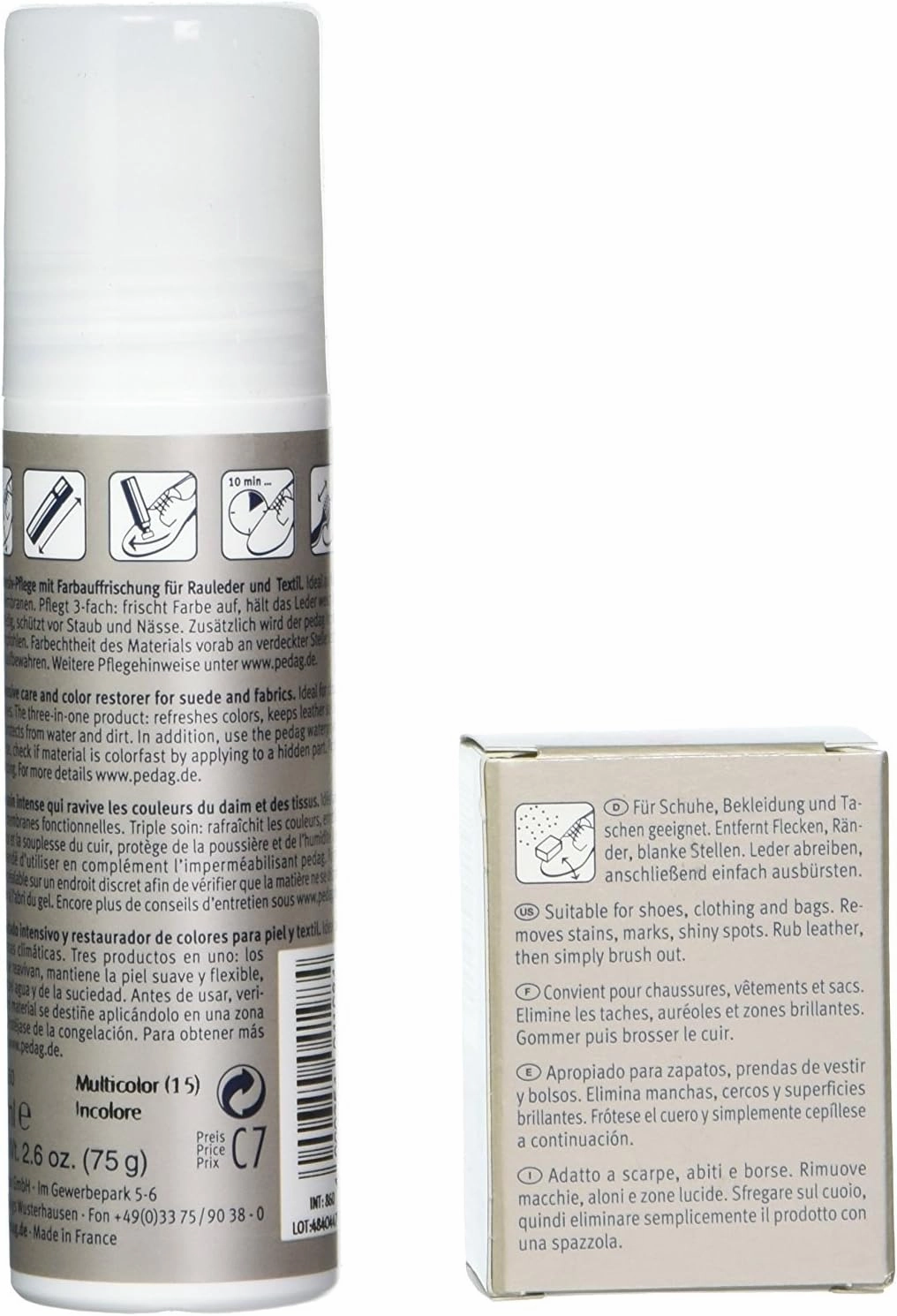 pedag Suede Cleaner and Textile Color Restorer, 3 pc Cleaning and Care Kit for Shoes and Boots, Made in Germany, Medium Brown