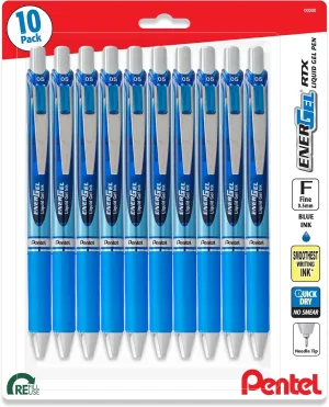 Pentel Energel 0.5 mm Blue Needle Tip Pens - Pack of 10 Rtx Retractable Liquid Gel Ink Pens