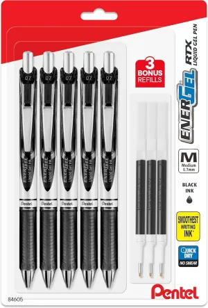 Pentel Energel 0.7 mm Deluxe RTX Liquid Gel Ink Pens - Metal Tip - Pack of 5 Black Pens with 3 Refills