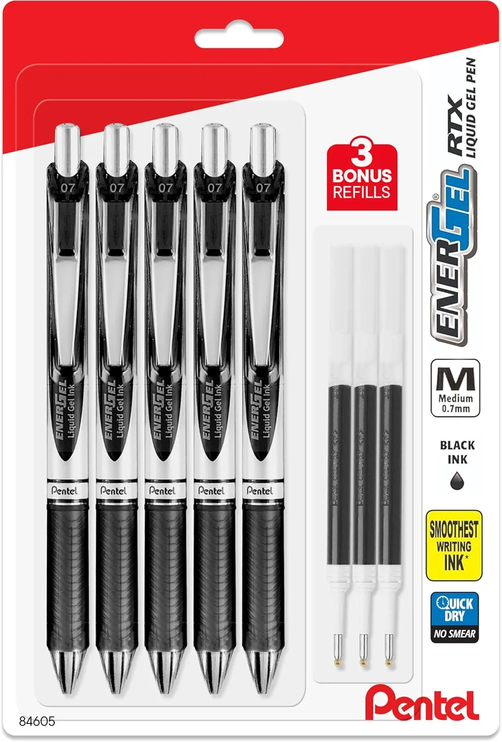 Pentel Energel 0.7 mm Deluxe RTX Liquid Gel Ink Pens - Metal Tip - Pack of 5 Black Pens with 3 Refills