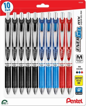 Pentel Energel 0.7mm Deluxe RTX liquid Gel Ink Pens - Pack of 10 Pens - Metal Tip - 5 Black 3 Blue and 2 Red