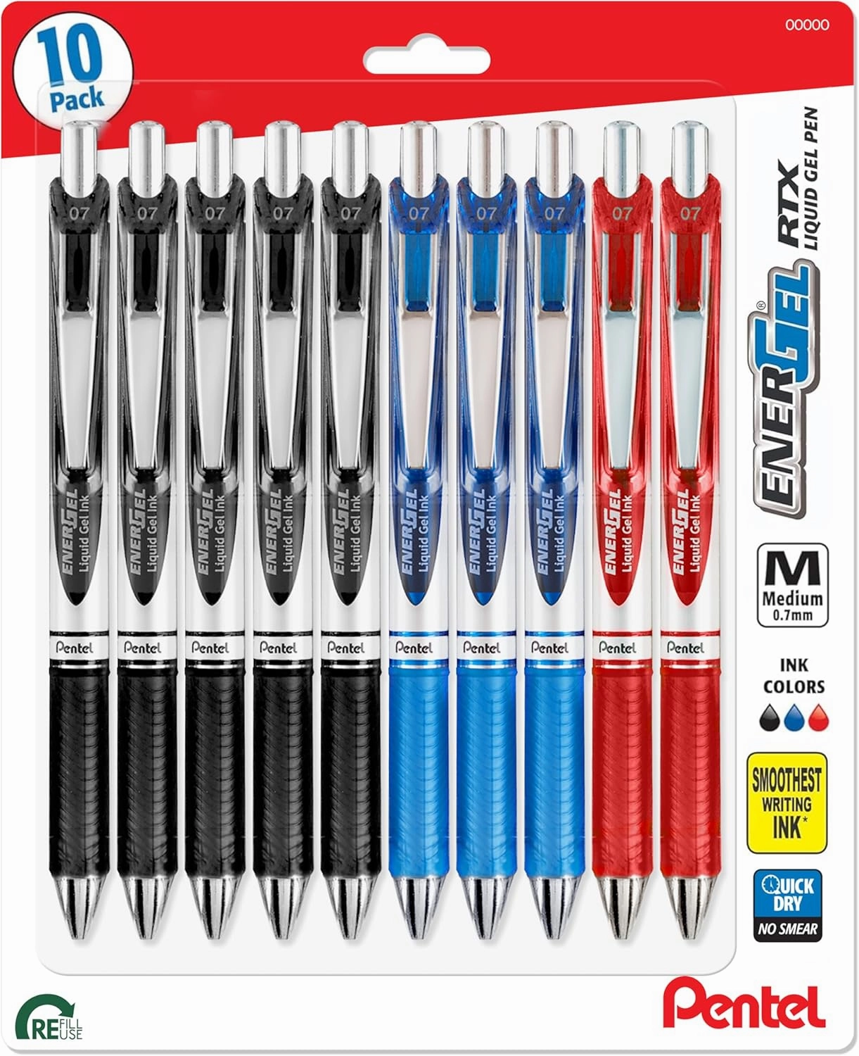 Pentel Energel 0.7mm Deluxe RTX liquid Gel Ink Pens - Pack of 10 Pens - Metal Tip - 5 Black 3 Blue and 2 Red