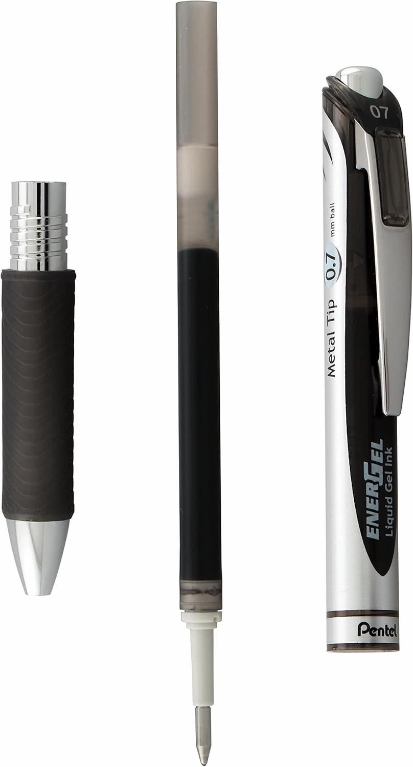 Pentel EnerGel RTX Retractable Liquid Gel Pen, (0.7mm), Medium Line, Metal Tip, Black Ink, Window (BL77PC12A1) (Pack of 1, 12 Count Total)