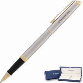 Personalized Waterman Pen | Engraved Waterman Hemisphere Rollerball Pen with Brushed Stainless Finish and Gold Trim. A Luxury Gift Pen with Engraving.