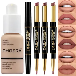 PHOERA Foundation Full Coverage,3Pcs Lip Liner and Lipstick Set Chestnut Nude Brown for Matte Finish, PHOERA Makeup Wrinkles Matte Natural Finish for a Flawless Complexion (102- Nude Lip SetA)